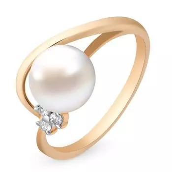 Кольцо с жемчугом и фианитами из красного золота 585 пробы, размер 15.5