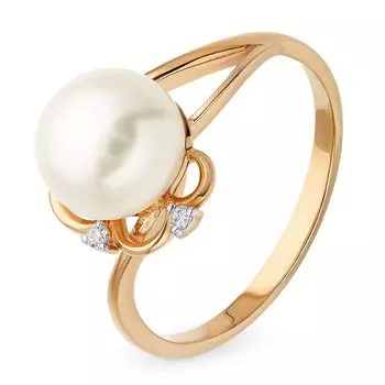 Кольцо с жемчугом и фианитами из красного золота 585 пробы, размер 16.5