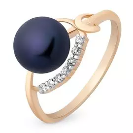 Кольцо с жемчугом и фианитами из красного золота 585 пробы, размер 17.5