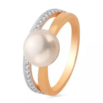 Кольцо с жемчугом и фианитами из красного золота 585 пробы, размер 17.5