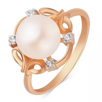 Кольцо с жемчугом и фианитами из красного золота 585 пробы, размер 19