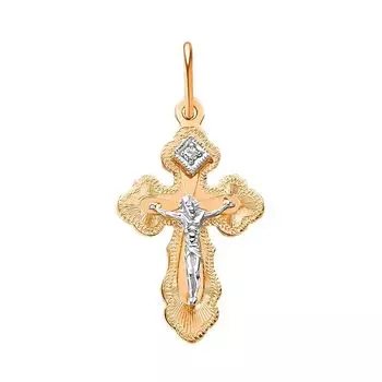 Крестик с фианитом из комбинированного золота 585 пробы