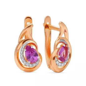 Серьги с александритом синтетическим и фианитами из красного золота 585 пробы