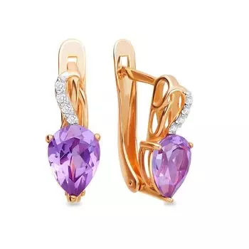 Серьги с александритом синтетическим и фианитами из красного золота 585 пробы