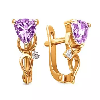 Серьги с аметистом и фианитами из красного золота 375 пробы