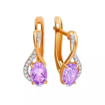 Серьги с аметистом и фианитами из красного золота 375 пробы