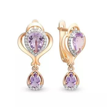 Серьги с аметистом и фианитами из красного золота 585 пробы