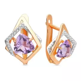 Серьги с аметистом и фианитами из красного золота 585 пробы