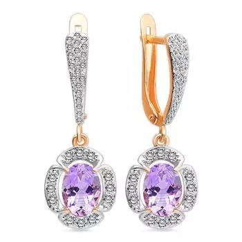 Серьги с аметистом и фианитами из красного золота 585 пробы