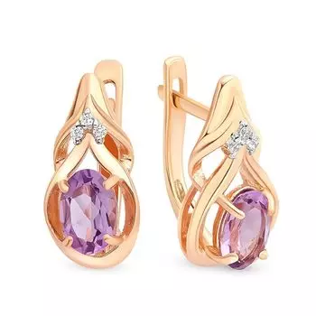 Серьги с аметистом и фианитами из красного золота 585 пробы
