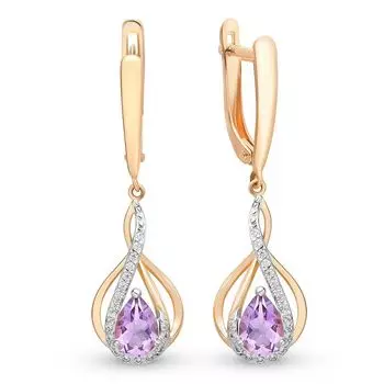 Серьги с аметистом и фианитами из красного золота 585 пробы