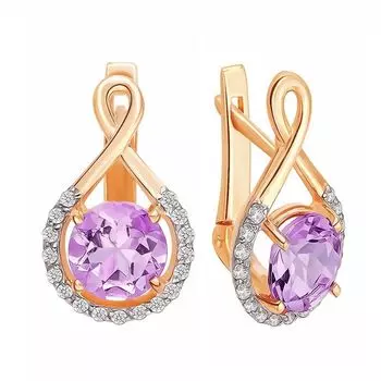 Серьги с аметистом и фианитами из красного золота 585 пробы