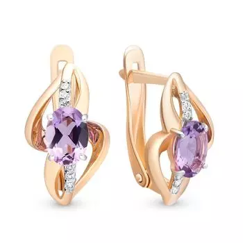 Серьги с аметистом и фианитами из красного золота 585 пробы
