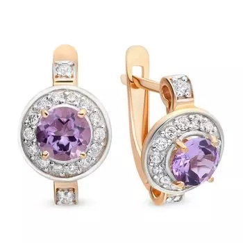 Серьги с аметистом и фианитами из красного золота 585 пробы