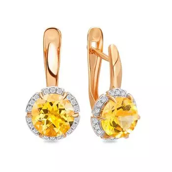 Серьги с цитрином и фианитами из красного золота 585 пробы