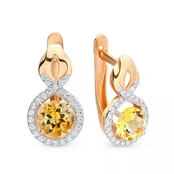 Серьги с цитрином и фианитами из красного золота 585 пробы