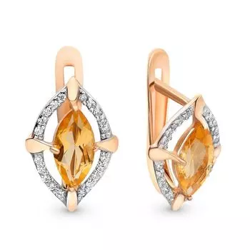 Серьги с цитрином и фианитами из красного золота 585 пробы