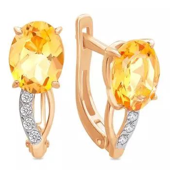 Серьги с цитрином и фианитами из красного золота 585 пробы