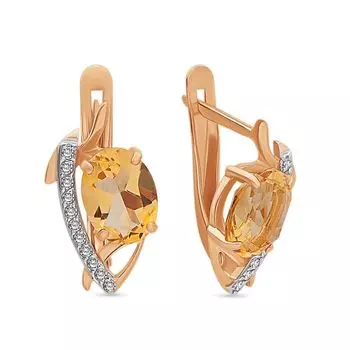 Серьги с цитрином и фианитами из красного золота 585 пробы