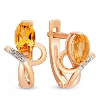 Серьги с цитрином и фианитами из красного золота 585 пробы