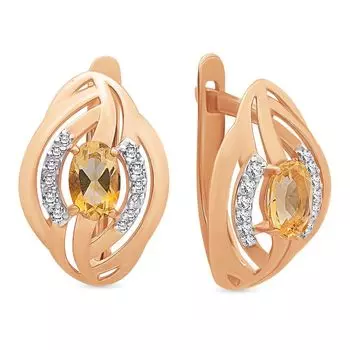 Серьги с цитрином и фианитами из красного золота 585 пробы