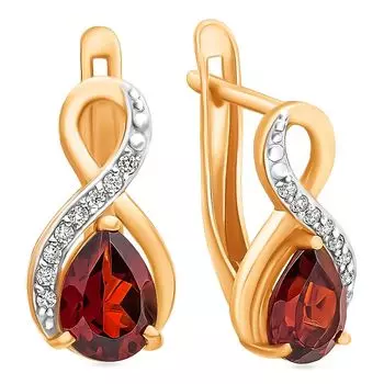 Серьги с гранатом и фианитами из красного золота 585 пробы