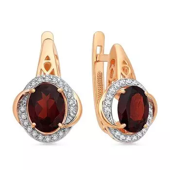 Серьги с гранатом и фианитами из красного золота 585 пробы