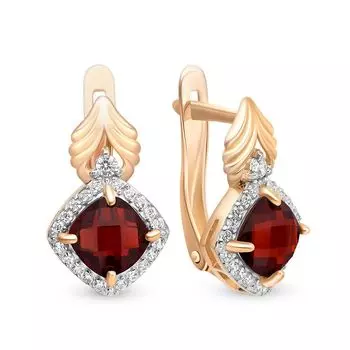 Серьги с гранатом и фианитами из красного золота 585 пробы