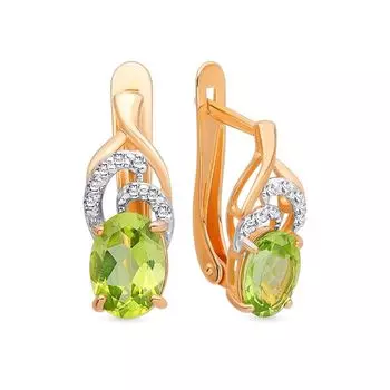 Серьги с хризолитом и фианитами из красного золота 585 пробы