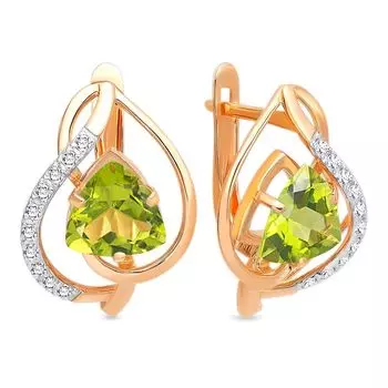 Серьги с хризолитом и фианитами из красного золота 585 пробы