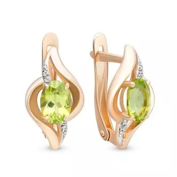 Серьги с хризолитом и фианитами из красного золота 585 пробы