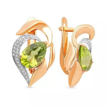 Серьги с хризолитом и фианитами из красного золота 585 пробы