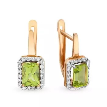 Серьги с хризолитом и фианитами из красного золота 585 пробы