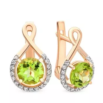 Серьги с хризолитом и фианитами из красного золота 585 пробы