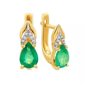 Серьги с изумрудом и бриллиантами из желтого золота 585 пробы