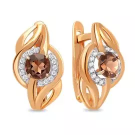 Серьги с раух-топазом и фианитами из красного золота 585 пробы