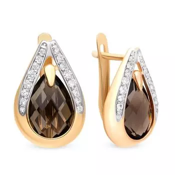 Серьги с раух-топазом и фианитами из красного золота 585 пробы