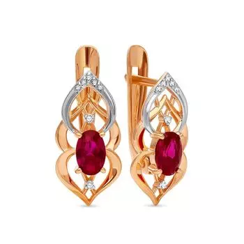 Серьги с рубином синтетическим и бриллиантами из красного золота 585 пробы