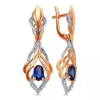 Серьги с рубином синтетическим и бриллиантами из красного золота 585 пробы