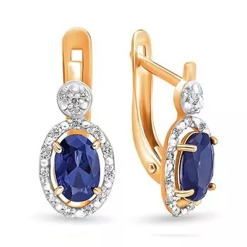 Серьги с сапфиром синтетическим и бриллиантами из красного золота 585 пробы