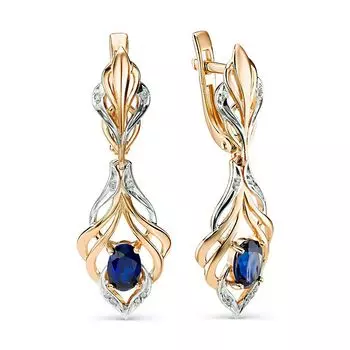 Серьги с сапфиром синтетическим и бриллиантами из красного золота 585 пробы