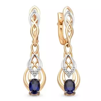 Серьги с сапфиром синтетическим и бриллиантами из красного золота 585 пробы