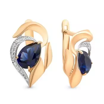 Серьги с сапфиром синтетическим и бриллиантами из красного золота 585 пробы