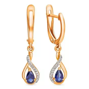 Серьги с сапфиром синтетическим и бриллиантами из красного золота 585 пробы