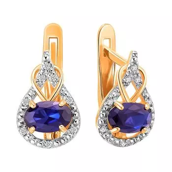 Серьги с сапфиром синтетическим и бриллиантами из красного золота 585 пробы