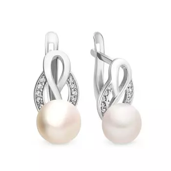 Серьги с жемчугом и фианитами из белого золота 585 пробы