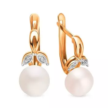 Серьги с жемчугом и фианитами из красного золота 585 пробы