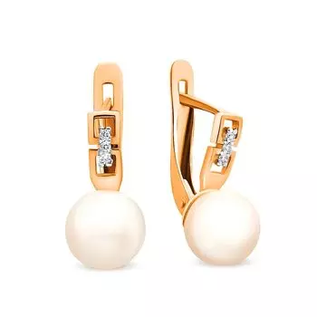 Серьги с жемчугом и фианитами из красного золота 585 пробы