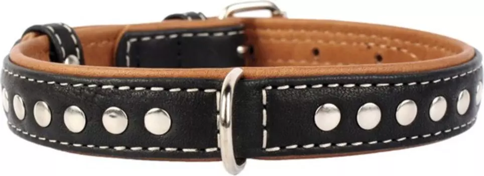 CoLLaR Soft / Ошейник Колар для собак Кожаный Двойной Прошитый с металлическими украшениями Черный верх Коричневый низ