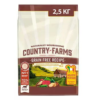 Country Farms Dog Adult Grain free recipe Beef / Сухой Беззерновой полнорационный корм Кантри Фармз для взрослых собак с высоким содержанием Говядины